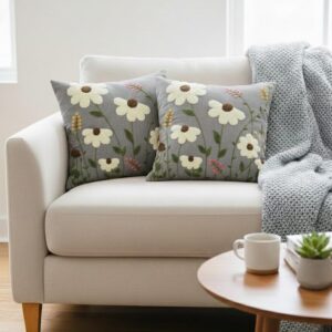 CASA-NEST Linen Embroidery Cushion Cover, Size -16x16 inch, Pack of 2 pc, Decorative Sofa Cushion (Grey, 2)