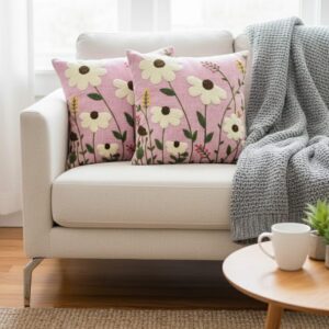 CASA-NEST Linen Embroidery Cushion Cover, Size -16x16 inch, Pack of 2 pc, Decorative Sofa Cushion (Pink, 2)