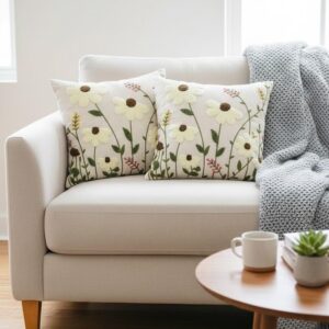 CASA-NEST Linen Embroidery Cushion Cover, Size -16x16 inch, Pack of 2 pc, Decorative Sofa Cushion (Cream, 2)