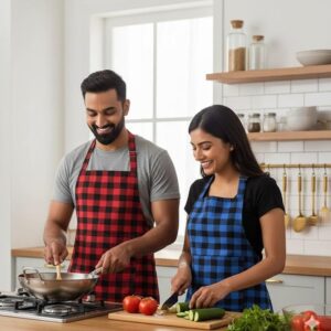 CASA-NEST Waterproof Unisex Kitchen Checkered Design Apron with 2 Roomy Size Front Centre Pocket and Adjustable Neck Strap (Pack Of 2) RED & BLUE